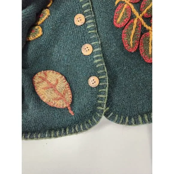 Vtg. L.L.Bean Women's Shetland Wool Embroidered Fall Leaf, Size M, Forest Green - Picture 3 of 13
